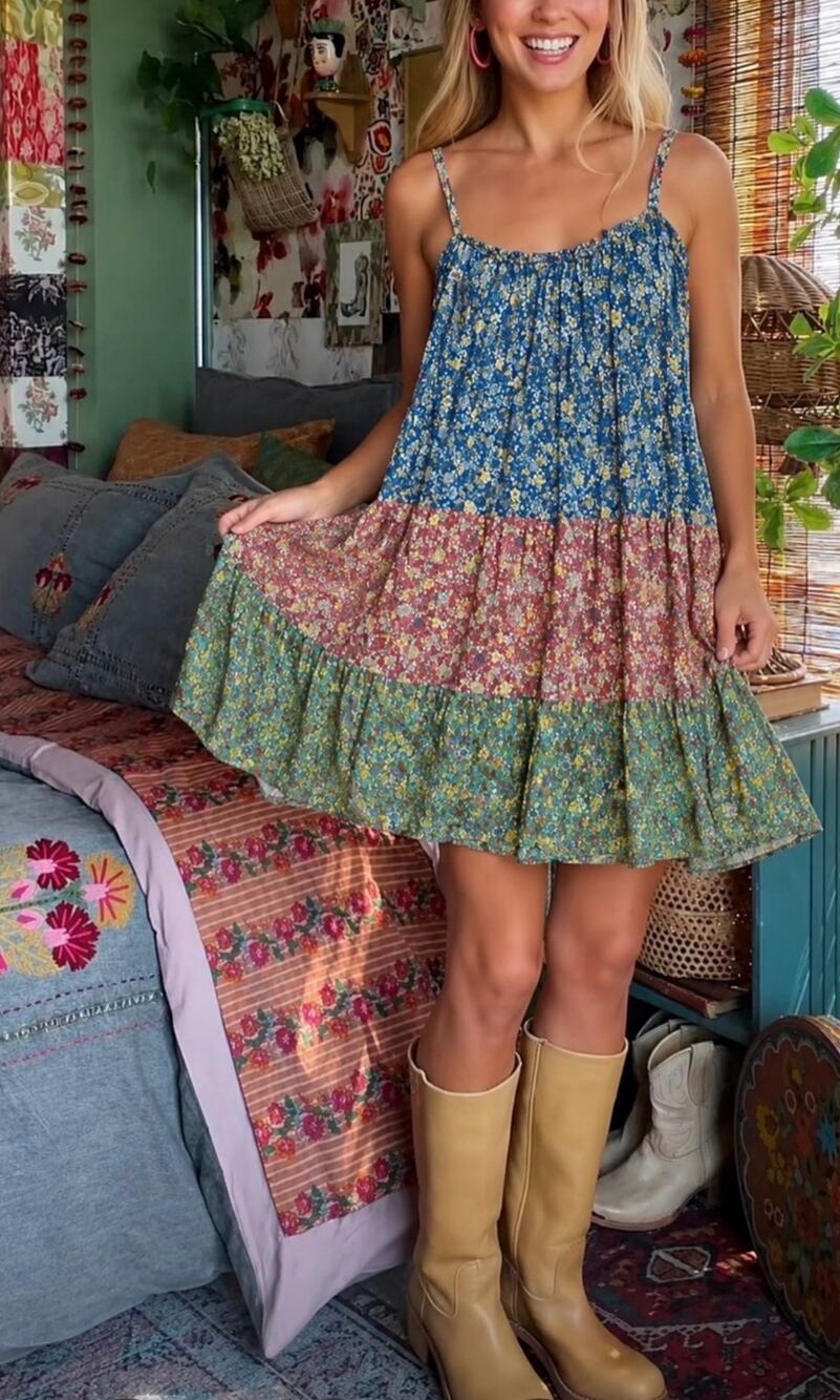 Natural Life Floral Patchwork Tiered Multicolor Floral Babydoll Dress - Size M - Picture 1 of 7